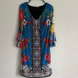 Allison Brittney Medallion Floral Ruffle Bell Sleeve V Neck Dress